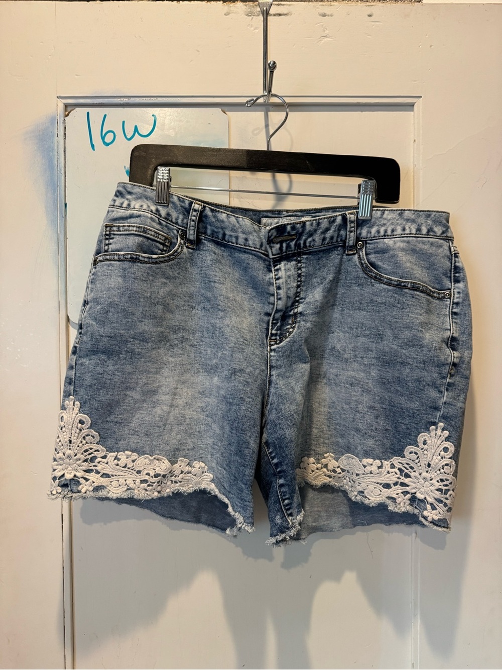 Light Wash Denim Shorts with White Lace Hem